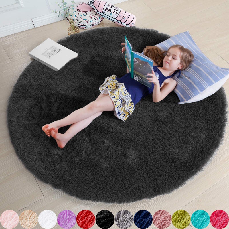 Amdrebio Black Round Rugs 5Ft for Bedroom Aesthetic, Fluffy Plush Circle Area Rugs for Living Room, Fuzzy Modern Cool Throw Carpet for Baby Kids Teen Boys Mens, Office Playroom Nursery Apartment Home Decor - Image 1